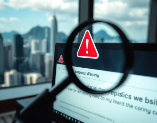 Warning screen and magnifying glass over URL, symbolizing fake website detection