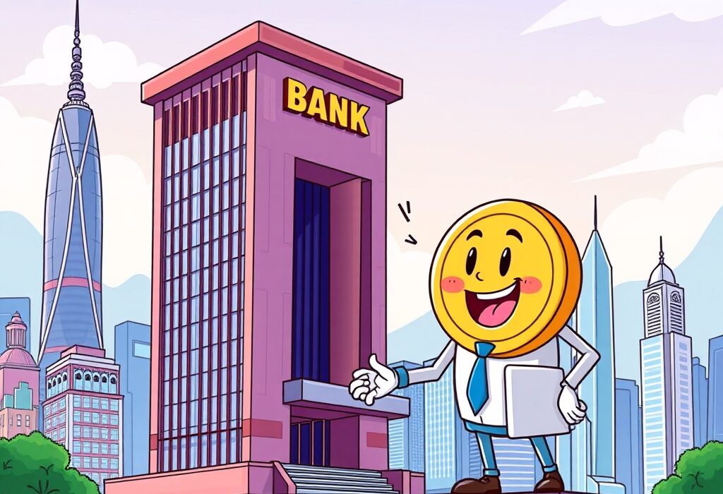 Cartoon illustration showing key players collaborating on a Hong Kong stablecoin license, symbolizing regulated digital asset innovation.