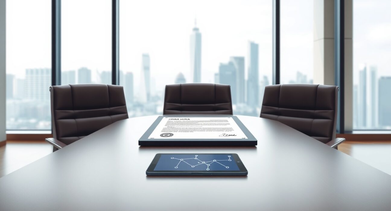 Hong Kong stablecoin license delay depicted with official HKMA document in a boardroom setting.