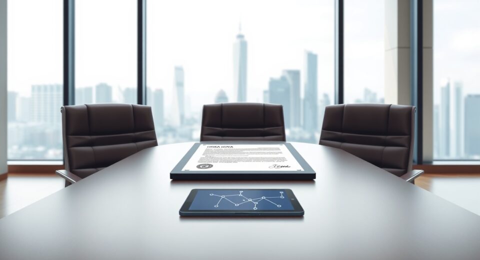 Hong Kong stablecoin license delay depicted with official HKMA document in a boardroom setting.