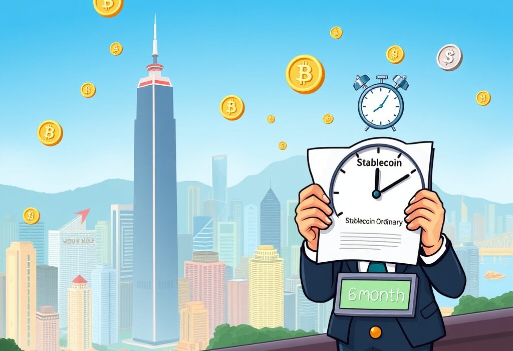 An illustration of the Hong Kong Monetary Authority implementing the new Hong Kong Stablecoin Ordinance, symbolizing a structured approach to digital asset regulation.