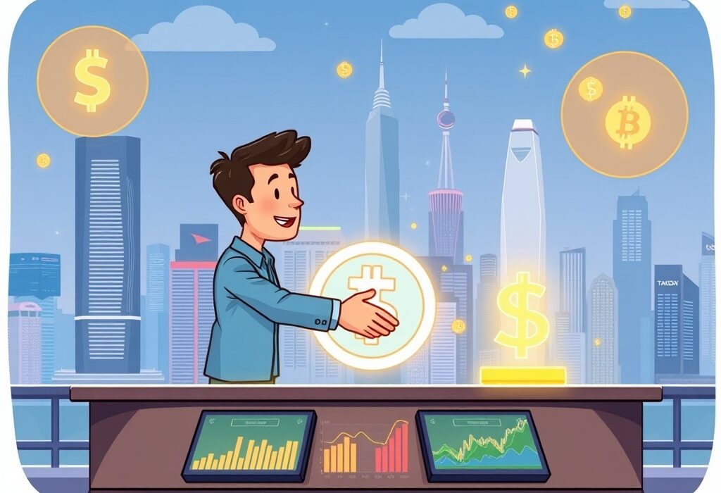 Cartoon illustration of a Hong Kong stablecoin firm securing funding, symbolizing financial innovation and growth in digital assets.