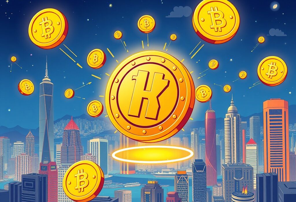 A cartoon illustration showing the controlled environment for a Hong Kong Stablecoin amidst a futuristic city, symbolizing new regulatory approaches.