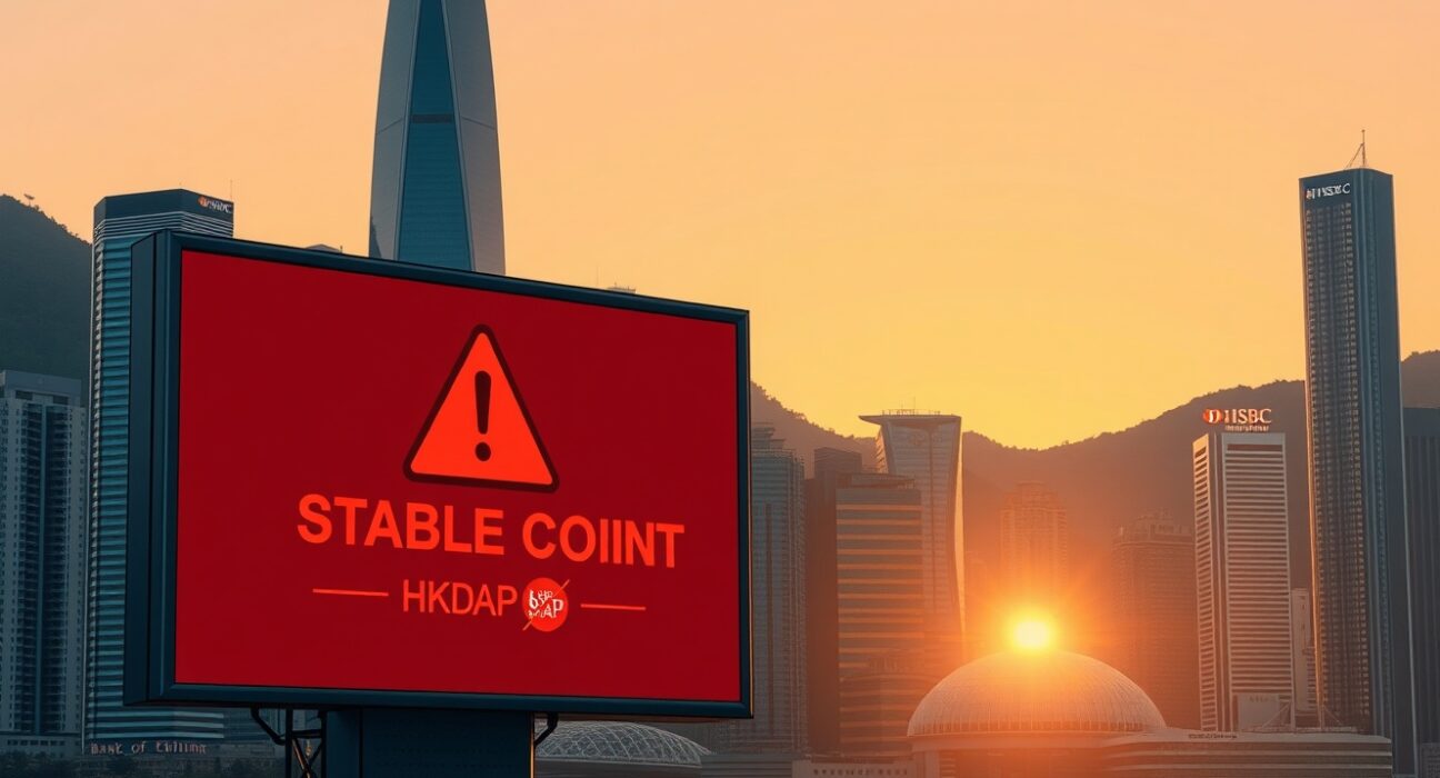 Hong Kong stablecoin warning alert from HKMA about fake HKDAP and HSBC tokens on a digital screen in the cityscape