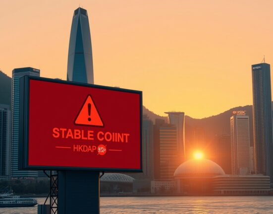 Hong Kong stablecoin warning alert from HKMA about fake HKDAP and HSBC tokens on a digital screen in the cityscape