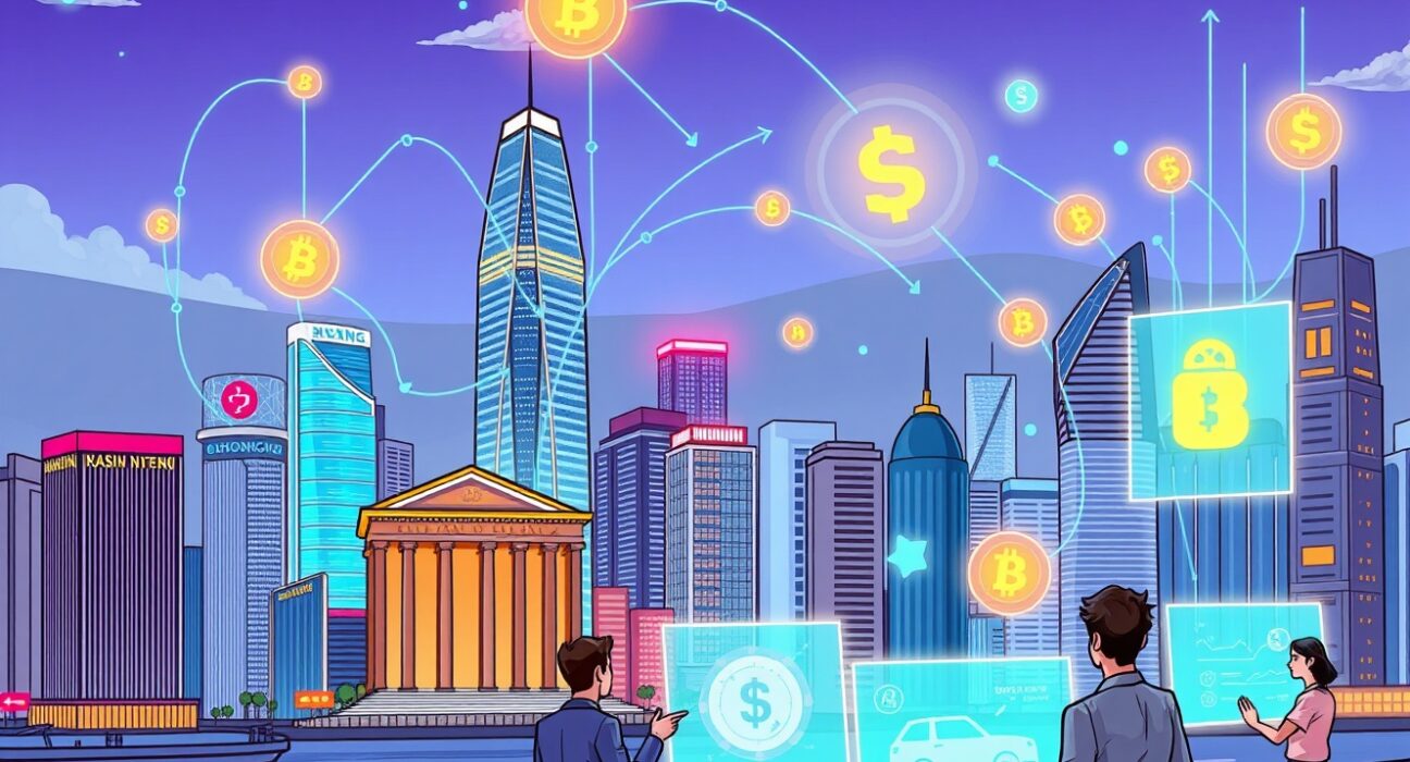 A cartoon illustration showing Hong Kong's financial district with digital asset symbols connecting banks, representing the city's tokenization initiatives.