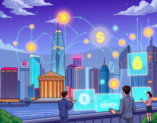 A cartoon illustration showing Hong Kong's financial district with digital asset symbols connecting banks, representing the city's tokenization initiatives.