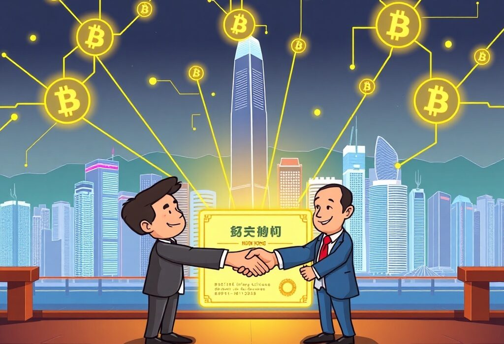 A vibrant cartoon illustrating Hong Kong's move to formalize Hong Kong tokenized bonds, symbolizing innovation and regulatory progress.