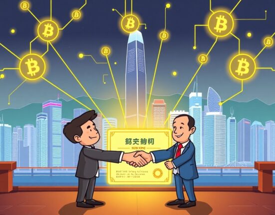 A vibrant cartoon illustrating Hong Kong's move to formalize Hong Kong tokenized bonds, symbolizing innovation and regulatory progress.