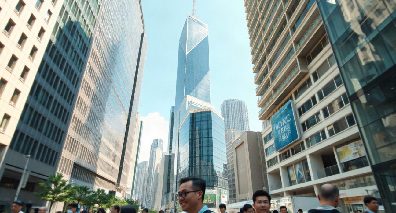 Hong Kong financial district with pedestrians and office workers, representing the labor market.