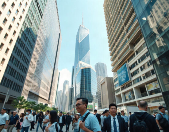 Hong Kong financial district with pedestrians and office workers, representing the labor market.
