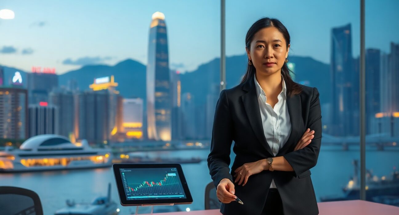Hong Kong skyline at dusk with a digital tablet showing crypto charts on a desk