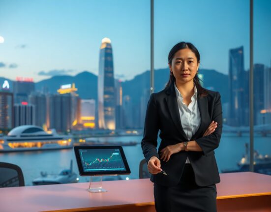 Hong Kong skyline at dusk with a digital tablet showing crypto charts on a desk