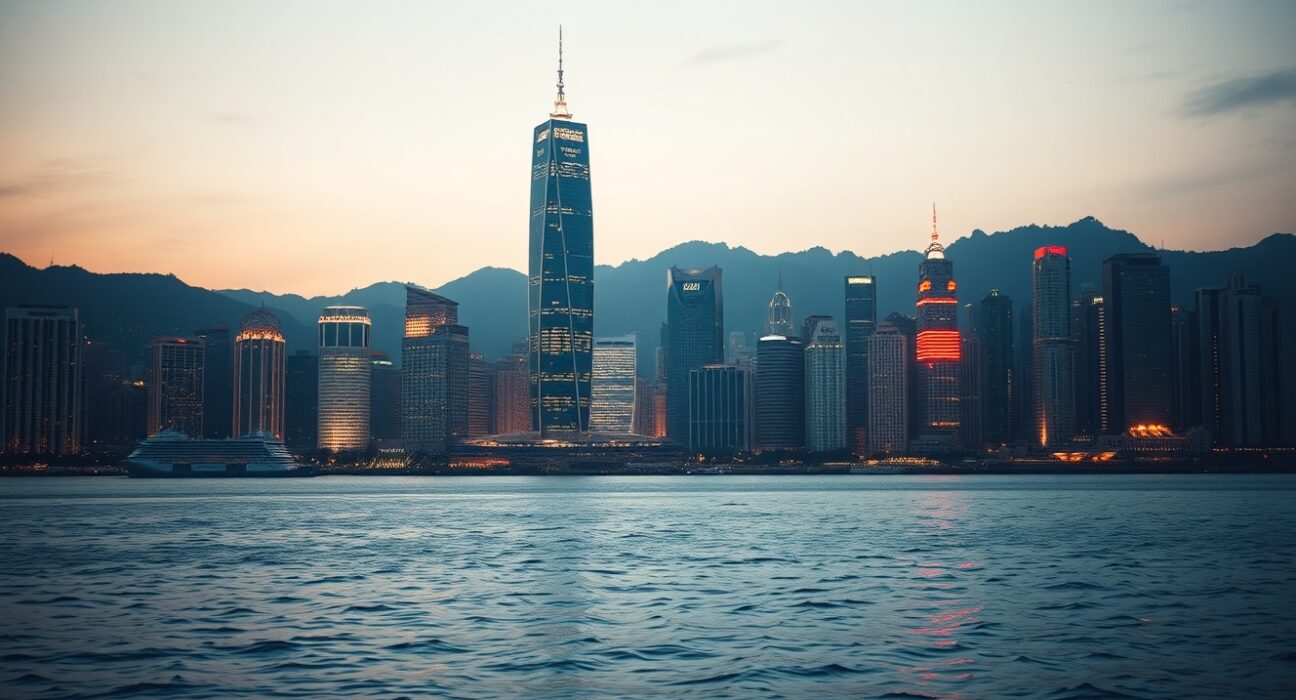 Hong Kong skyline at dusk viewed across Victoria Harbour, symbolizing its financial hub status