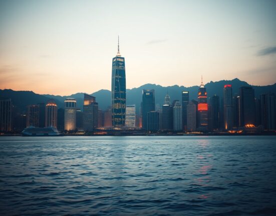 Hong Kong skyline at dusk viewed across Victoria Harbour, symbolizing its financial hub status
