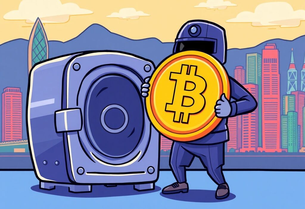 A cartoon illustration showing secure Hong Kong virtual asset custody standards, with digital assets protected by robust regulations.