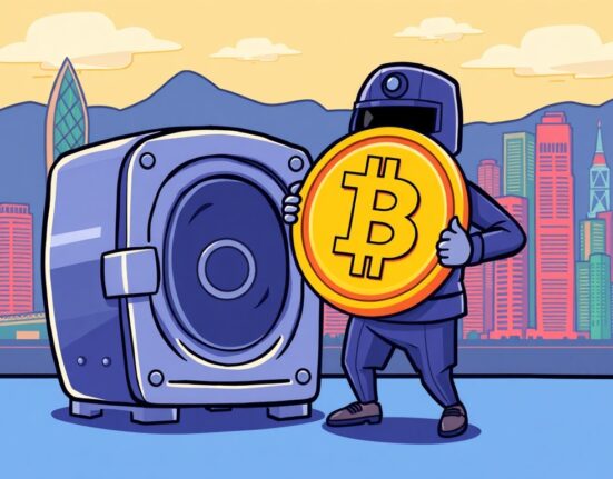 A cartoon illustration showing secure Hong Kong virtual asset custody standards, with digital assets protected by robust regulations.