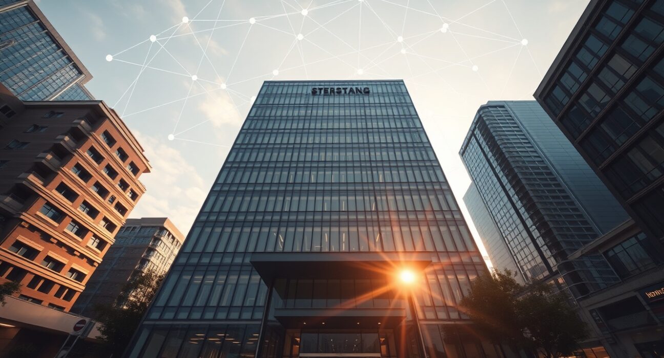 Hong Kong office building representing Web3Labs Global's headquarters, with a subtle digital blockchain network overlay in the sky, illustrating the company's Nasdaq IPO filing.