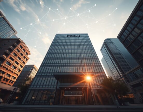Hong Kong office building representing Web3Labs Global's headquarters, with a subtle digital blockchain network overlay in the sky, illustrating the company's Nasdaq IPO filing.