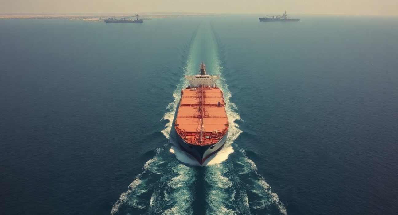 Oil tanker navigating the Strait of Hormuz amid ongoing shipping disruption