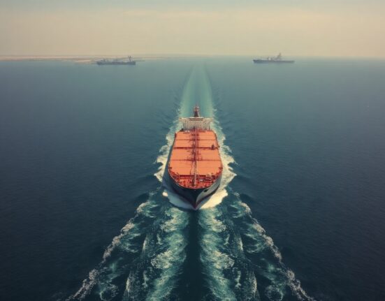 Oil tanker navigating the Strait of Hormuz amid ongoing shipping disruption