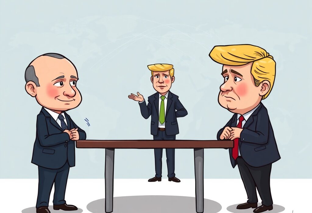 A cartoon depicting a potential Putin Zelensky meeting, facilitated by Trump, symbolizing ongoing peace talks.