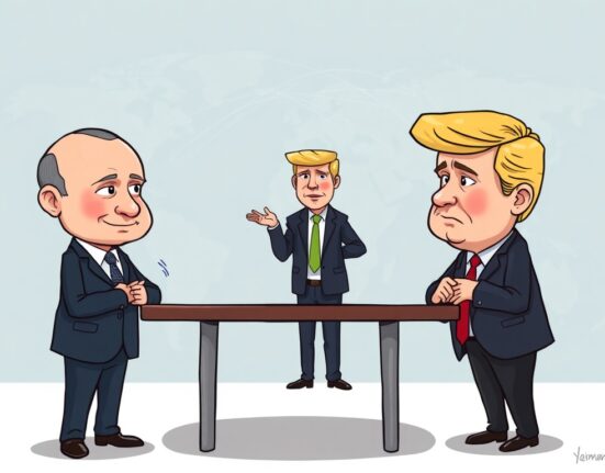 A cartoon depicting a potential Putin Zelensky meeting, facilitated by Trump, symbolizing ongoing peace talks.