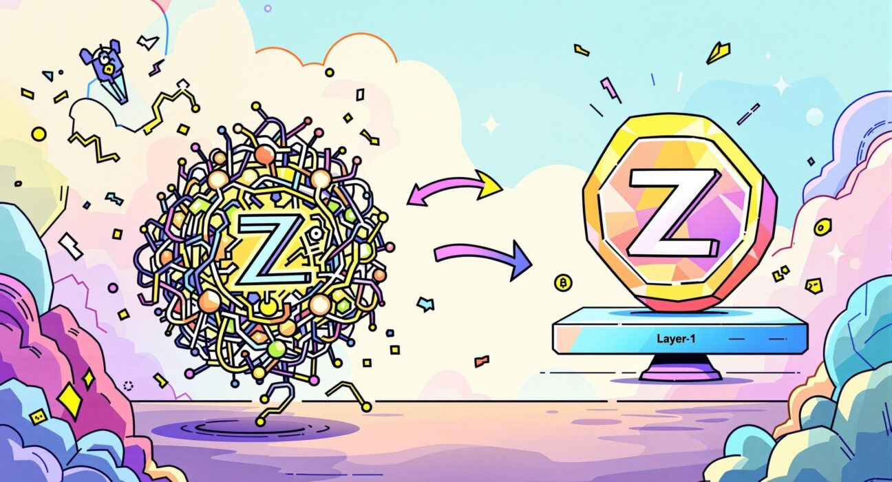 A cartoon illustration showing the Horizen (ZEN) token moving from its original blockchain to the new Base network, symbolizing its migration and evolution.