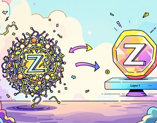 A cartoon illustration showing the Horizen (ZEN) token moving from its original blockchain to the new Base network, symbolizing its migration and evolution.