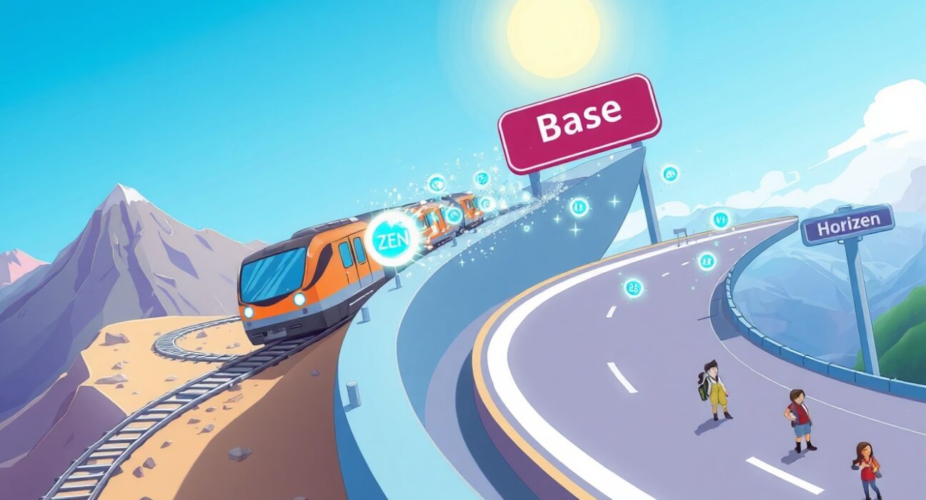 Horizen Layer 3 migration to Base depicted as a vibrant transition to a faster blockchain network.