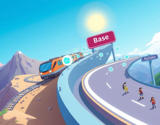 Horizen Layer 3 migration to Base depicted as a vibrant transition to a faster blockchain network.