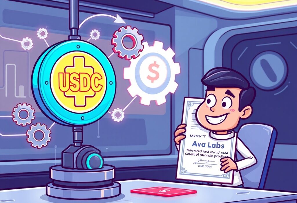 A cartoon illustration depicting a secure digital platform facilitating RWA-backed loans, connecting stablecoins with tokenized real-world assets.