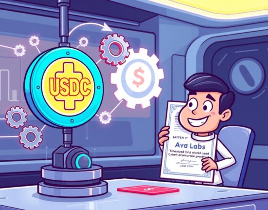 A cartoon illustration depicting a secure digital platform facilitating RWA-backed loans, connecting stablecoins with tokenized real-world assets.