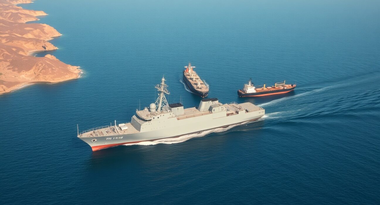 Iranian naval vessel enforcing the Strait of Hormuz blockade, a critical global oil shipping chokepoint.