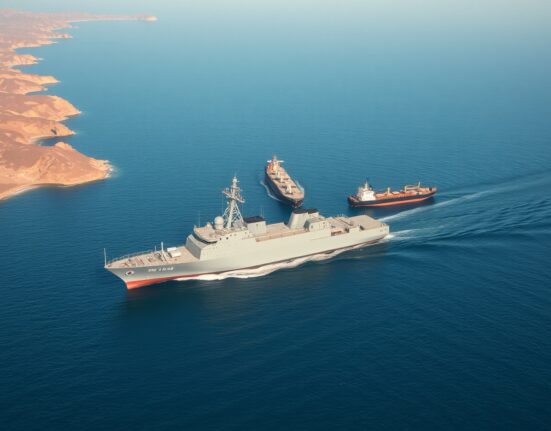 Iranian naval vessel enforcing the Strait of Hormuz blockade, a critical global oil shipping chokepoint.