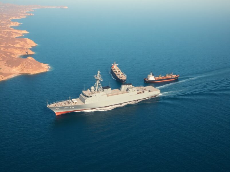 Iranian naval vessel enforcing the Strait of Hormuz blockade, a critical global oil shipping chokepoint.