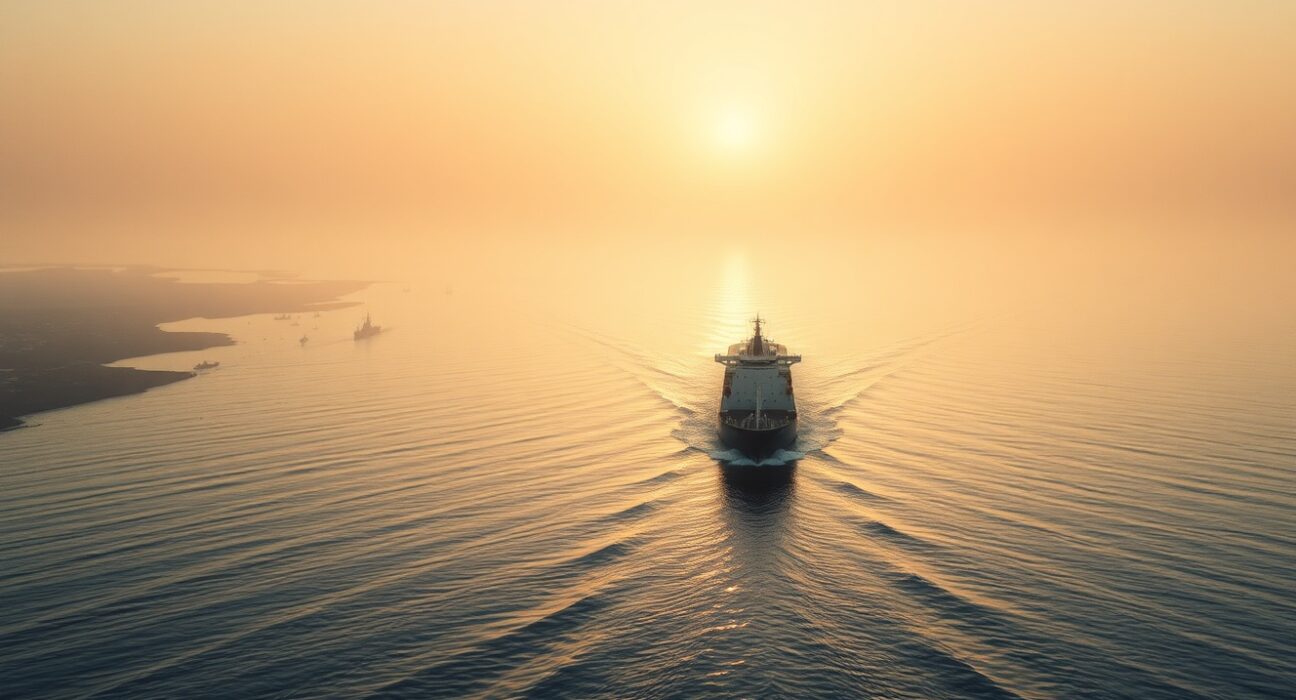 Oil tanker navigating the Strait of Hormuz, a key chokepoint for global oil supply, amid geopolitical tensions with Iran.