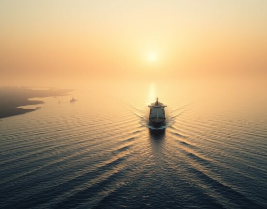 Oil tanker navigating the Strait of Hormuz, a key chokepoint for global oil supply, amid geopolitical tensions with Iran.
