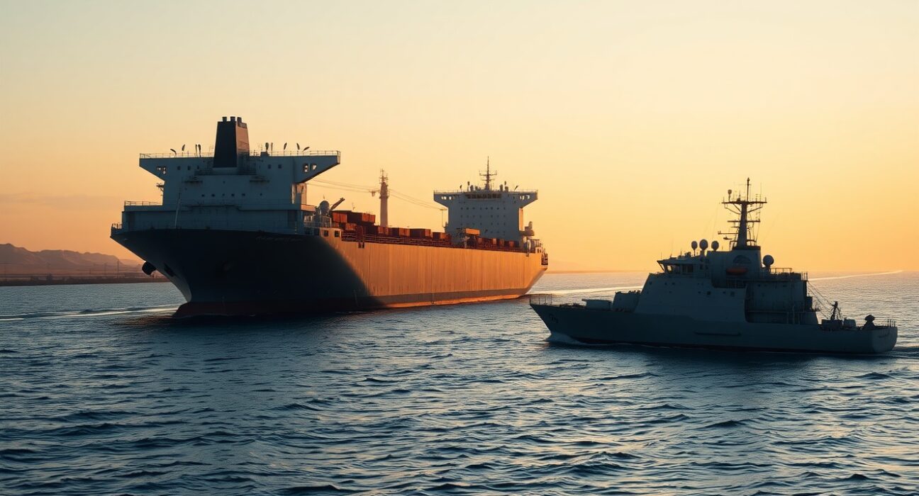 Oil tanker and naval vessel in the Strait of Hormuz during talks on maritime security.