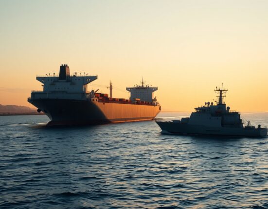 Oil tanker and naval vessel in the Strait of Hormuz during talks on maritime security.