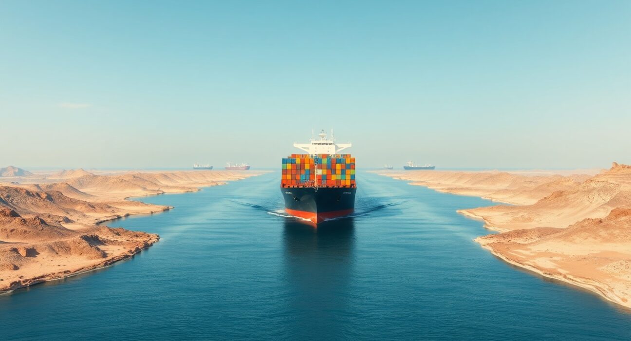Container ship navigating the strategic Strait of Hormuz, a critical chokepoint for European energy imports and inflation risks.