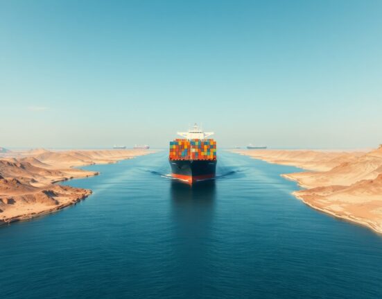 Container ship navigating the strategic Strait of Hormuz, a critical chokepoint for European energy imports and inflation risks.