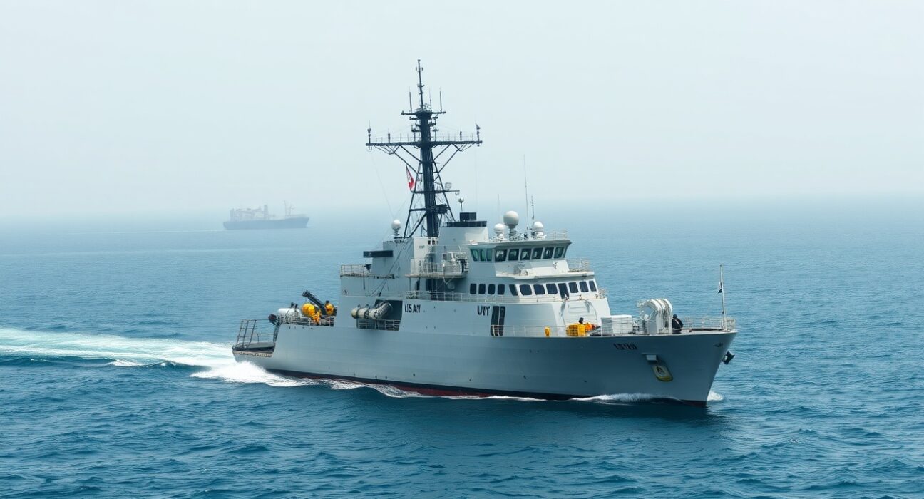 U.S. Navy minesweeper conducting operations in the strategic Strait of Hormuz to clear Iranian naval mines.