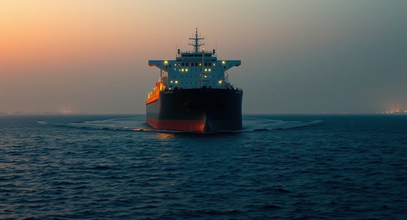 Oil tanker halted in the Strait of Hormuz during a geopolitical crisis impacting global energy supply.