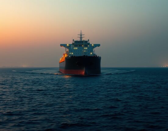 Oil tanker halted in the Strait of Hormuz during a geopolitical crisis impacting global energy supply.