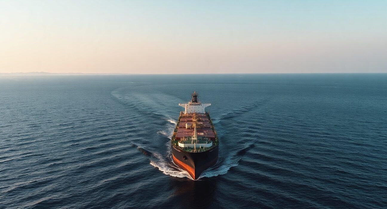 Oil tanker transiting the Strait of Hormuz after reopening, signaling normal trade flow.