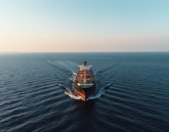 Oil tanker transiting the Strait of Hormuz after reopening, signaling normal trade flow.