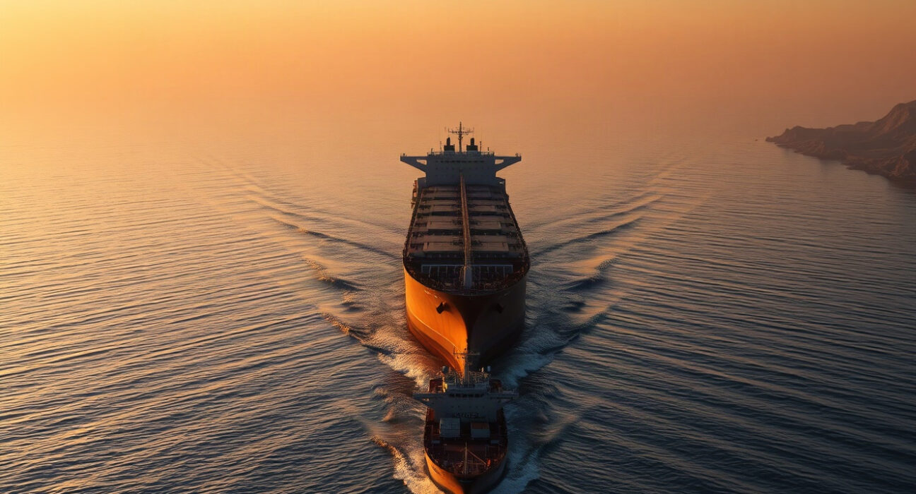 Oil tanker navigating the Strait of Hormuz at dawn, with refining and bond market implications.
