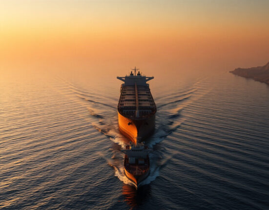Oil tanker navigating the Strait of Hormuz at dawn, with refining and bond market implications.