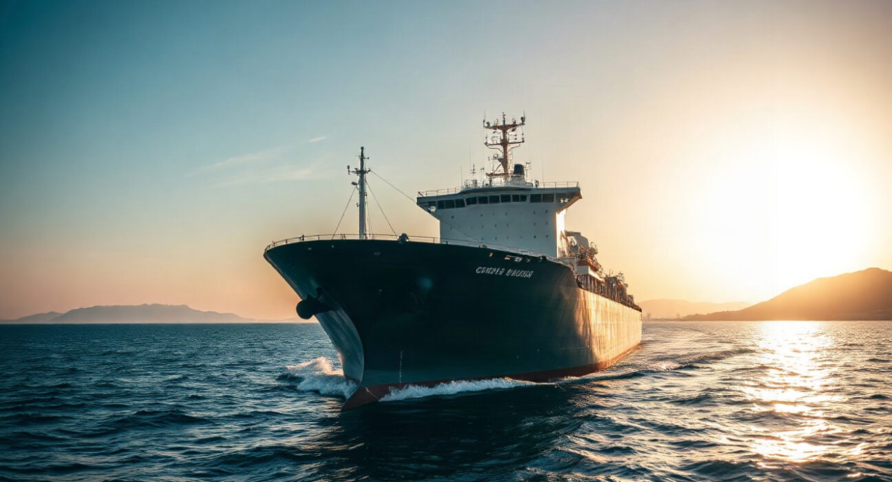 Oil tanker in the Strait of Hormuz, with coastline in background, illustrating oil supply risks.